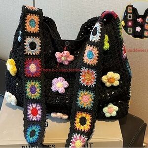 Black Crochet Tote with Colorful Granny Squares